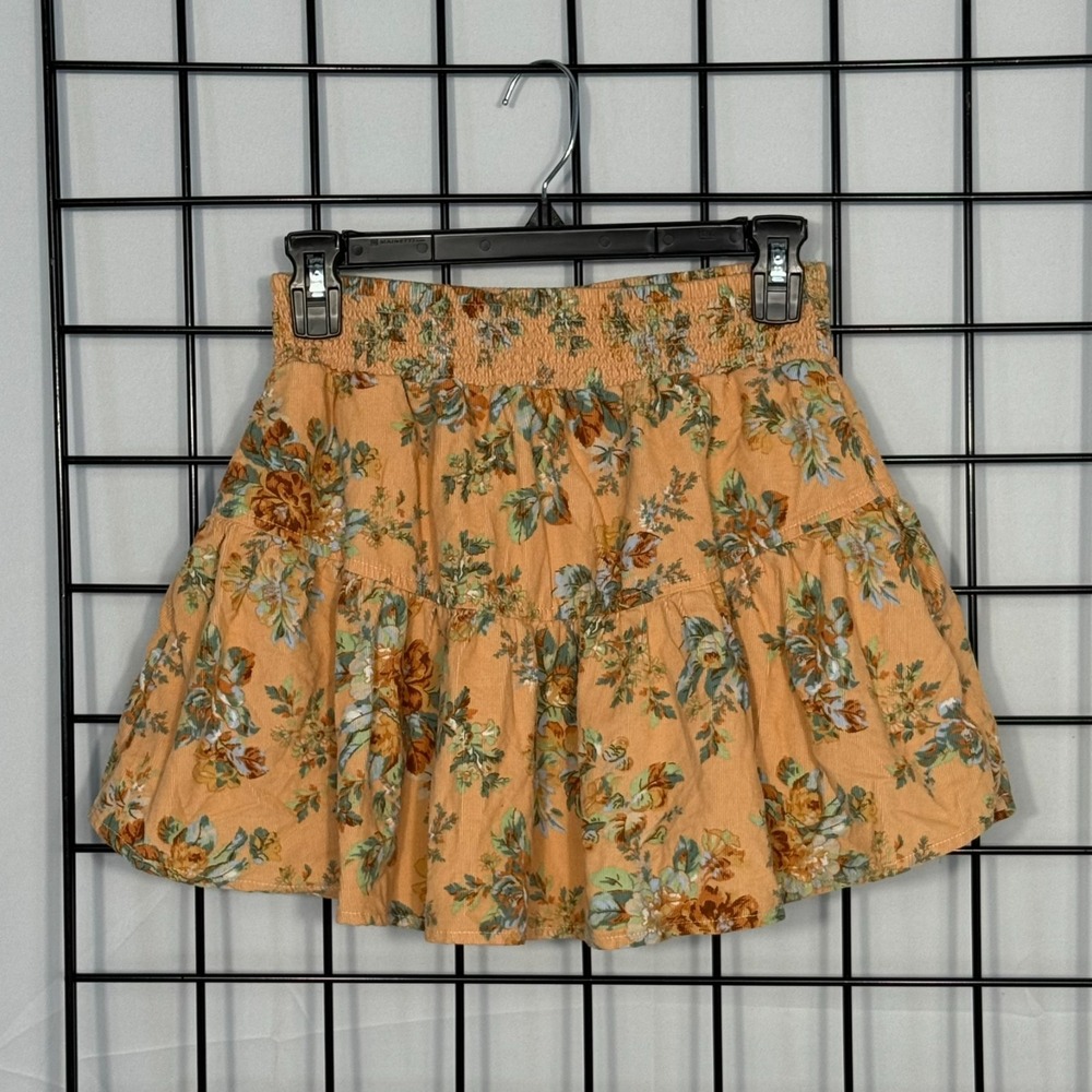American Eagle Mini Skirt Womens Small Peach Tiered Floral Corduroy Y2K Ruffle